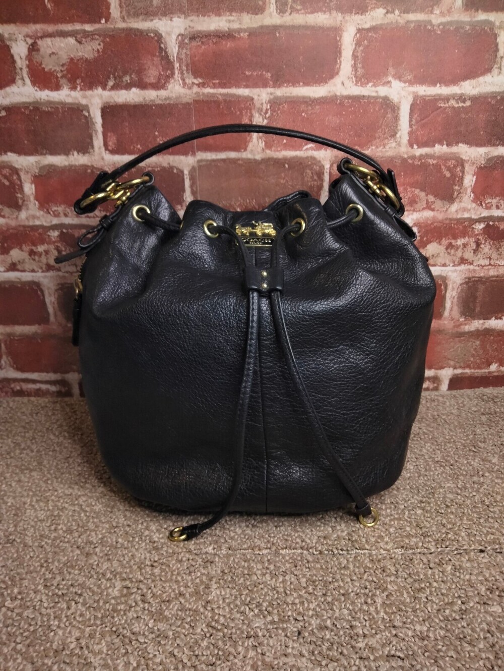 Coach Madison Marielle Leather Shoulder Bag Bucket Style Purse Drawstring Black
